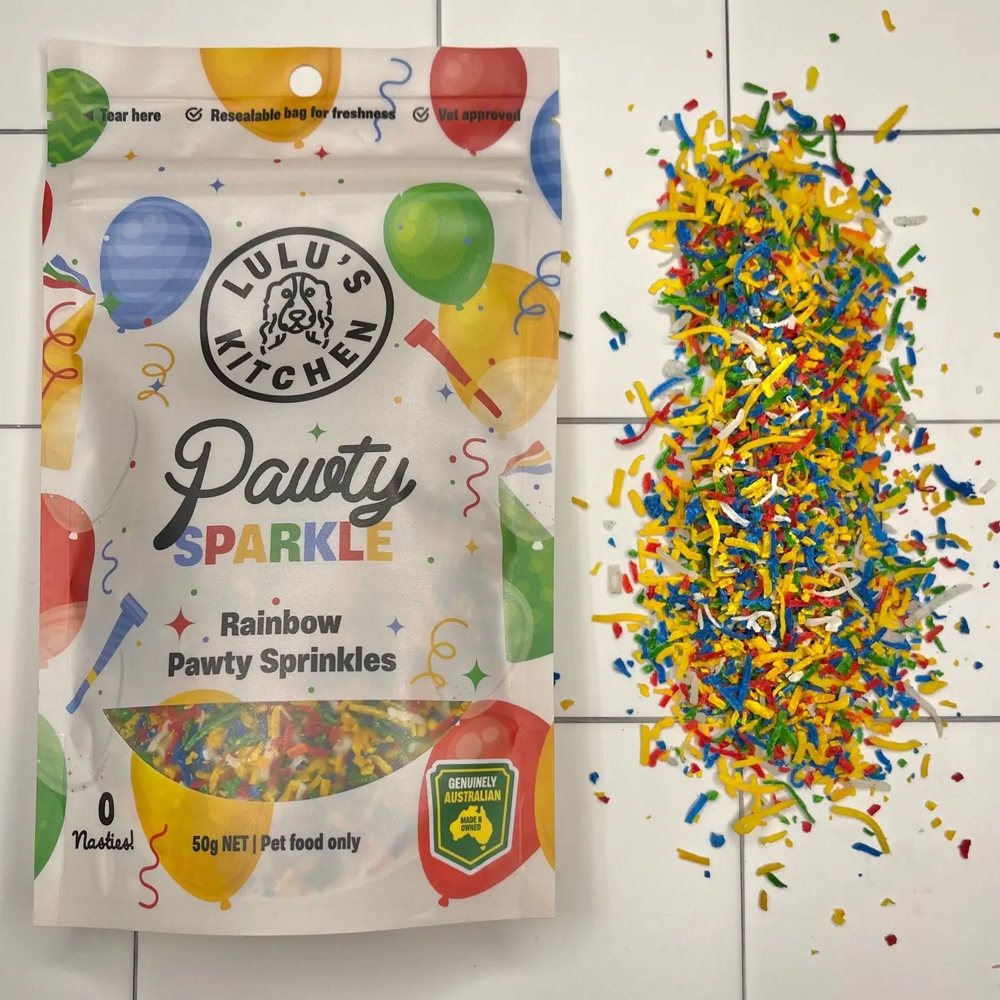 Pawty Sparkle rainbow pawty sprinkles - Lulu's Kitchen 50g bag with colourful coconut sprinkles