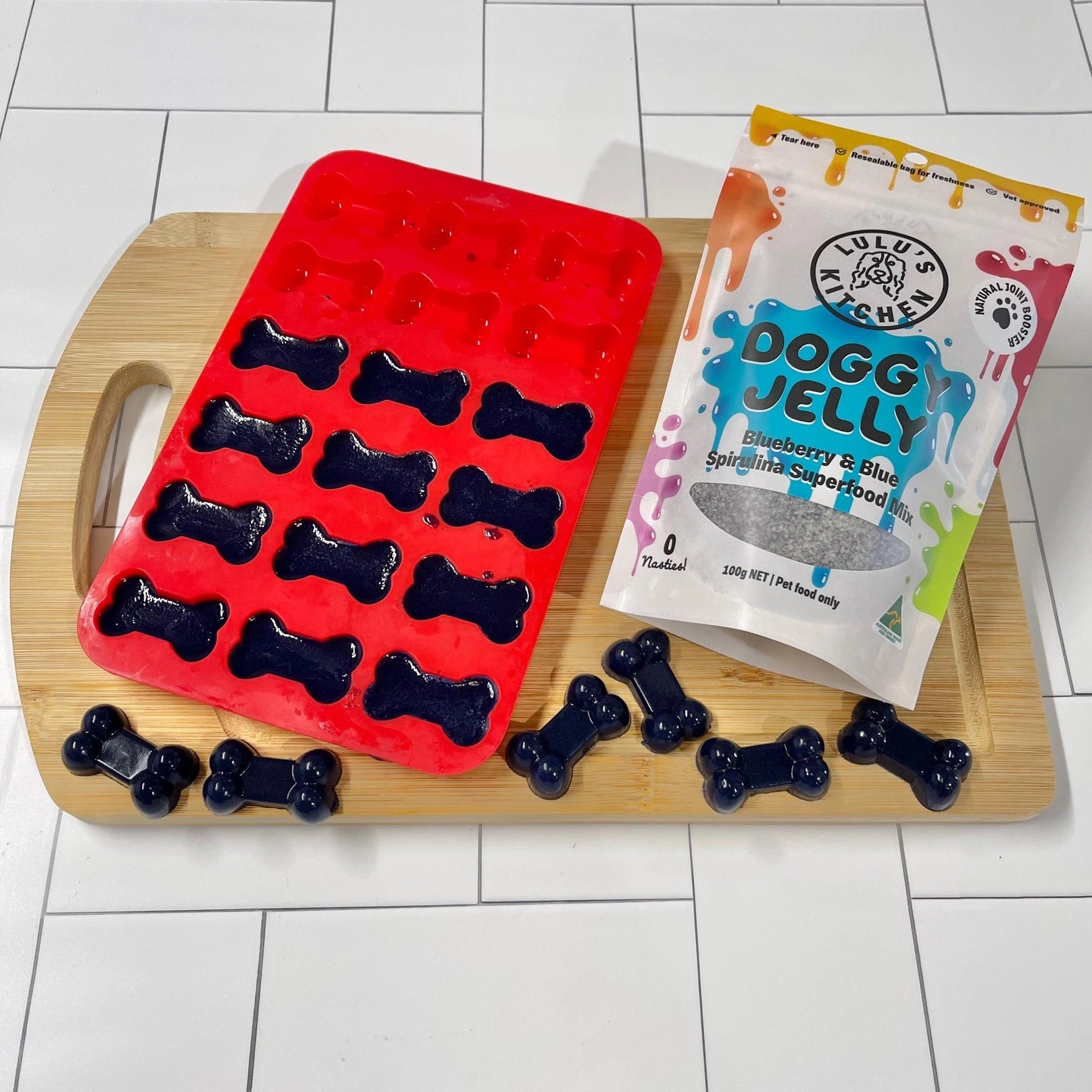 Bones silicone mould with Doggy Jelly superfood mix and finished bone treats