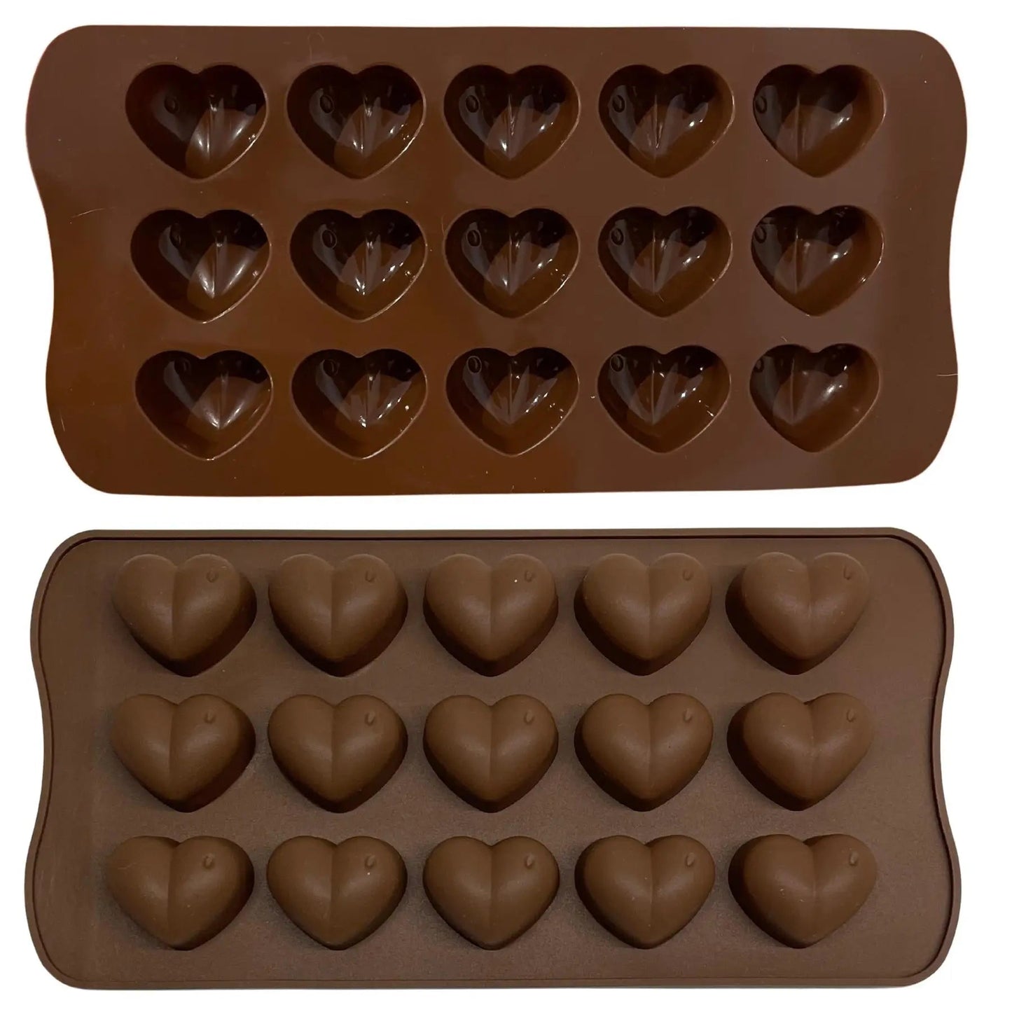 Hearts silicone dog treat mould - brown, two sizes shown