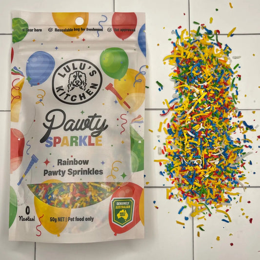 Pawty Sparkle rainbow pawty sprinkles - Lulu's Kitchen 50g bag with colourful coconut sprinkles
