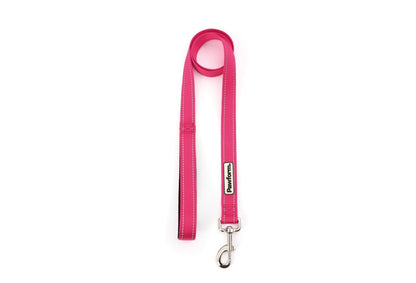 Pink dog leash with a clip on a white background
