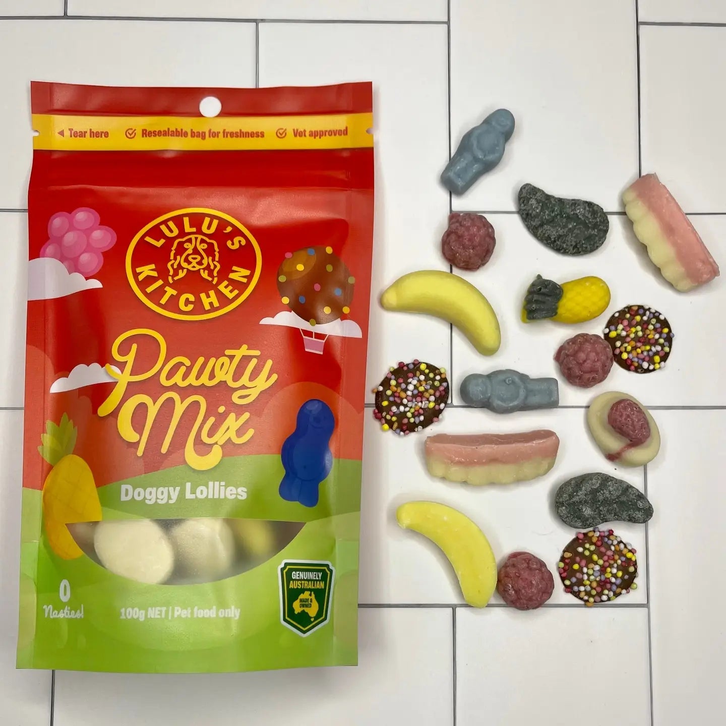 Pawty Mix retro inspired dog treats - Lulu's Kitchen 100g bag with assorted doggy lollies
